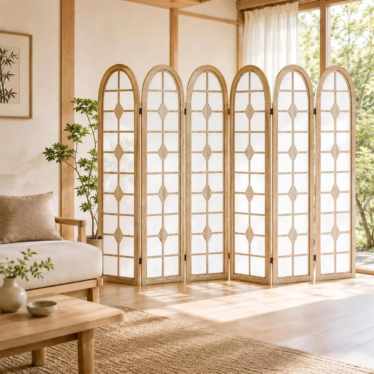 6 Panel Shoji Room Divider, Wood Folding Privacy Screen, Natural | Wood Room Divider Indoor, Portable Room Partition Divider for