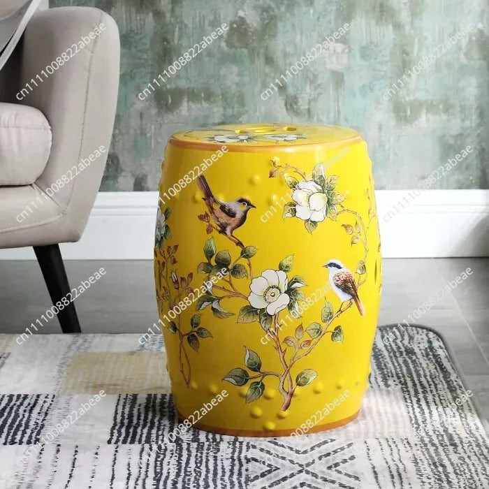 New Chinese Style Ceramic Drum Stool, Floral Bird Design Ottoman for Entryway&Living Room, Decorative Shoe Bench and Home Decor