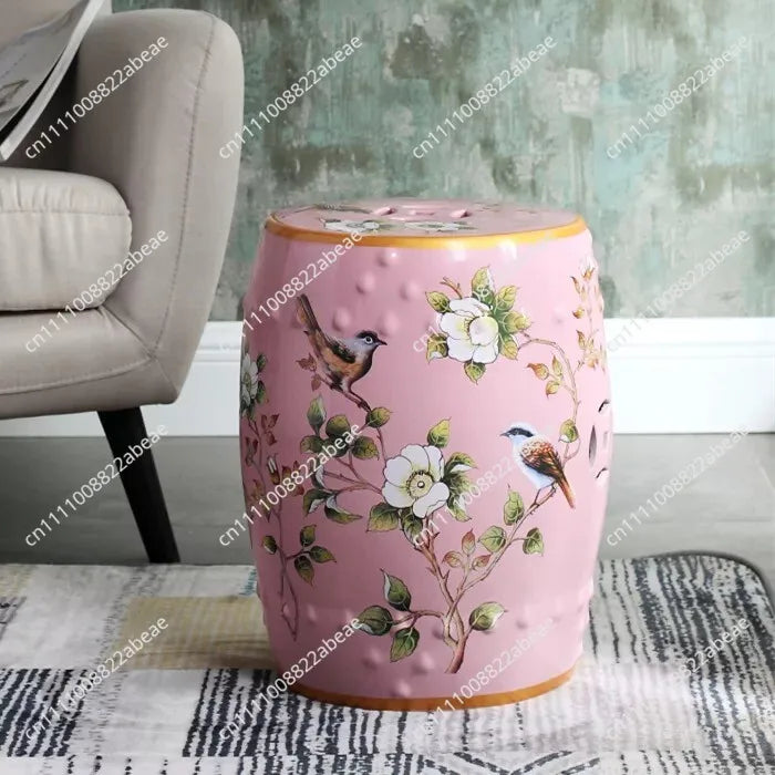 New Chinese Style Ceramic Drum Stool, Floral Bird Design Ottoman for Entryway&Living Room, Decorative Shoe Bench and Home Decor