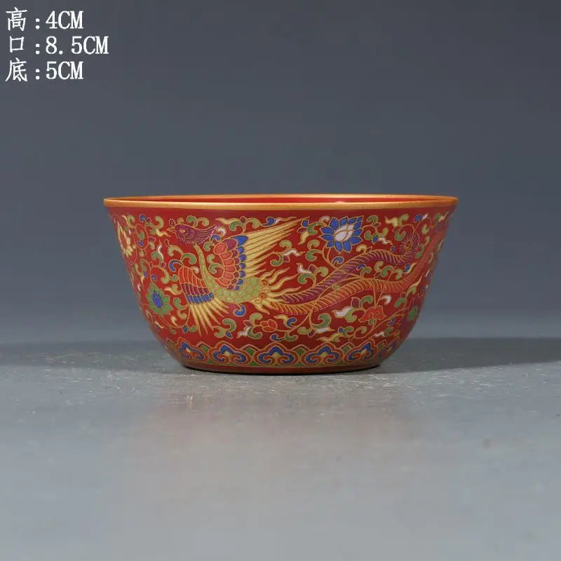 Coral Red Ground Gilt Phoenix Interlocking Lotus Porcelain Tea Bowl Chinese Antique Collectible Decor