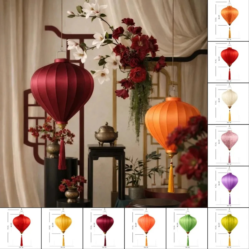 14-Inch Oriental Satin Silk Palace Lantern – Traditional Vietnamese Hanging Lantern