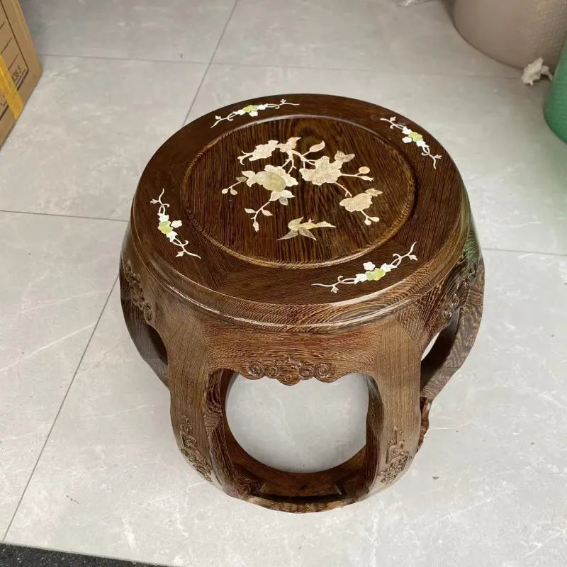 Antique Rosewood Drum Stool, Chinese Traditional Round Seat for Living Room & Guzheng, Solid Wood Low Stool for Balcony