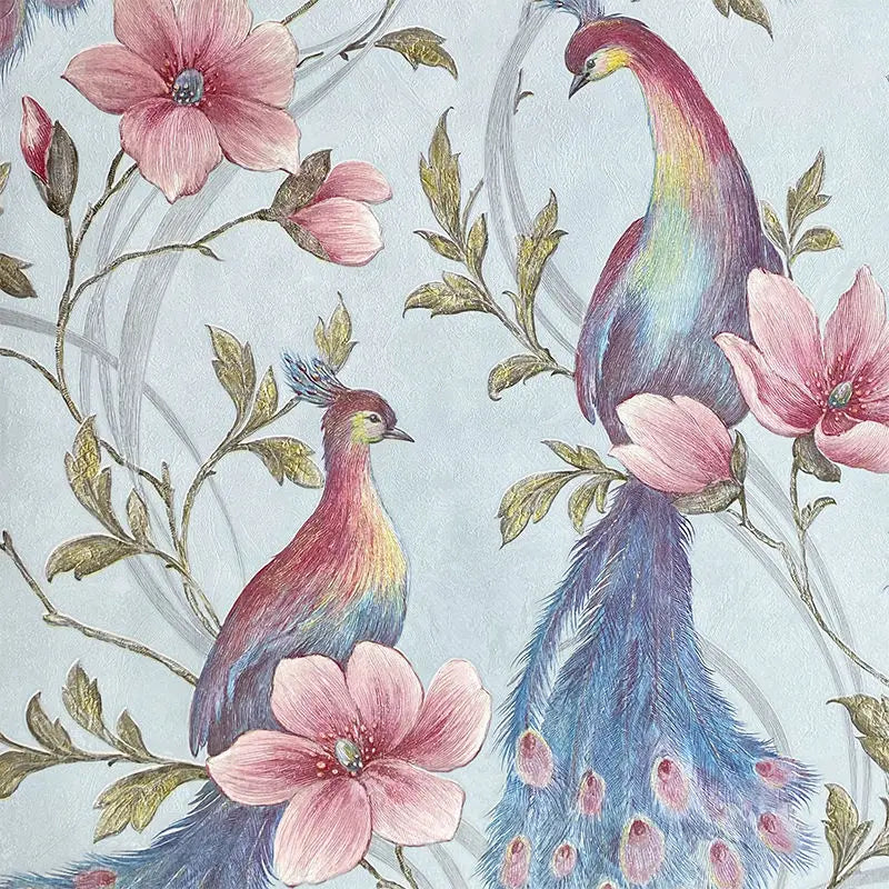 Southeast Asian Floral & Peacock Feather Wall Mural – Exotic Tropical Wallpaper