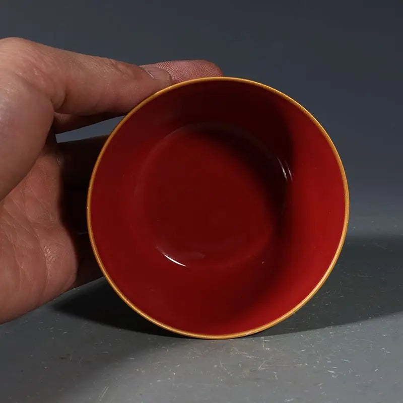 Coral Red Ground Gilt Phoenix Interlocking Lotus Porcelain Tea Bowl Chinese Antique Collectible Decor