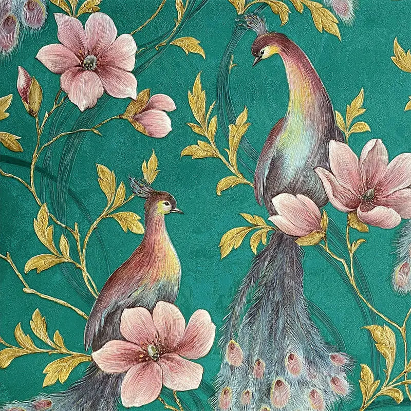 Southeast Asian Floral & Peacock Feather Wall Mural – Exotic Tropical Wallpaper