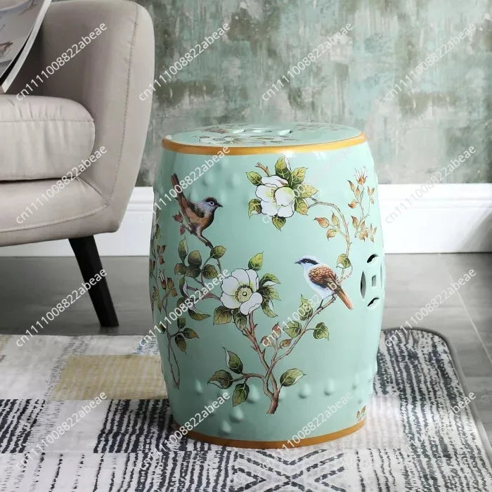 New Chinese Style Ceramic Drum Stool, Floral Bird Design Ottoman for Entryway&Living Room, Decorative Shoe Bench and Home Decor