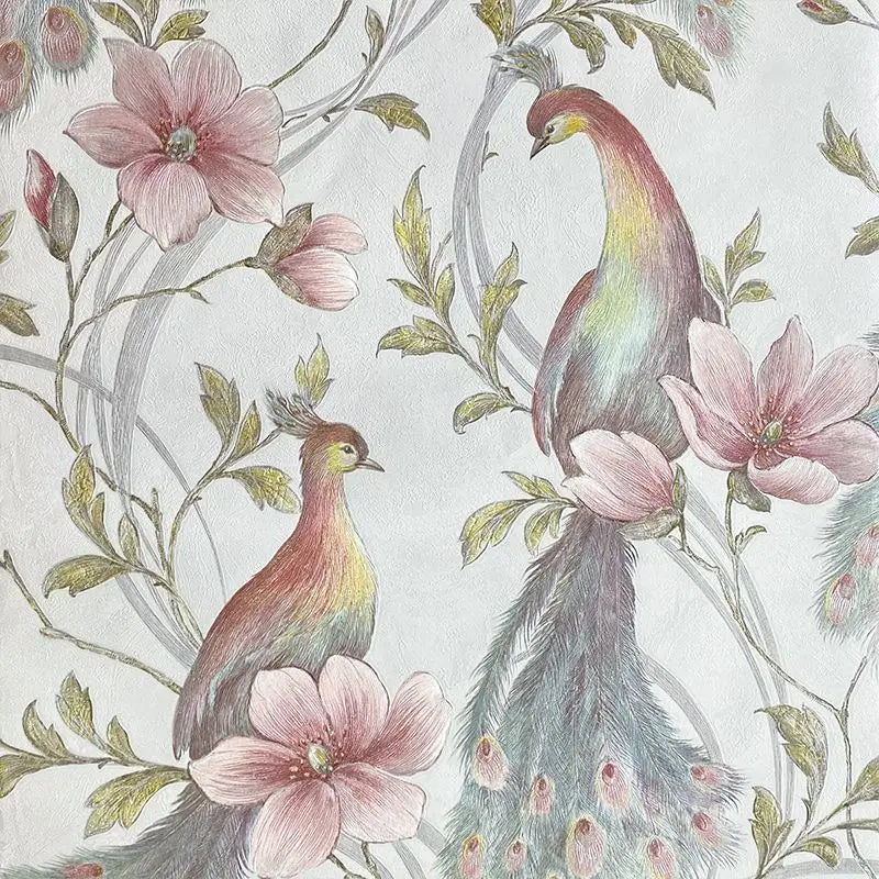 Southeast Asian Floral & Peacock Feather Wall Mural – Exotic Tropical Wallpaper