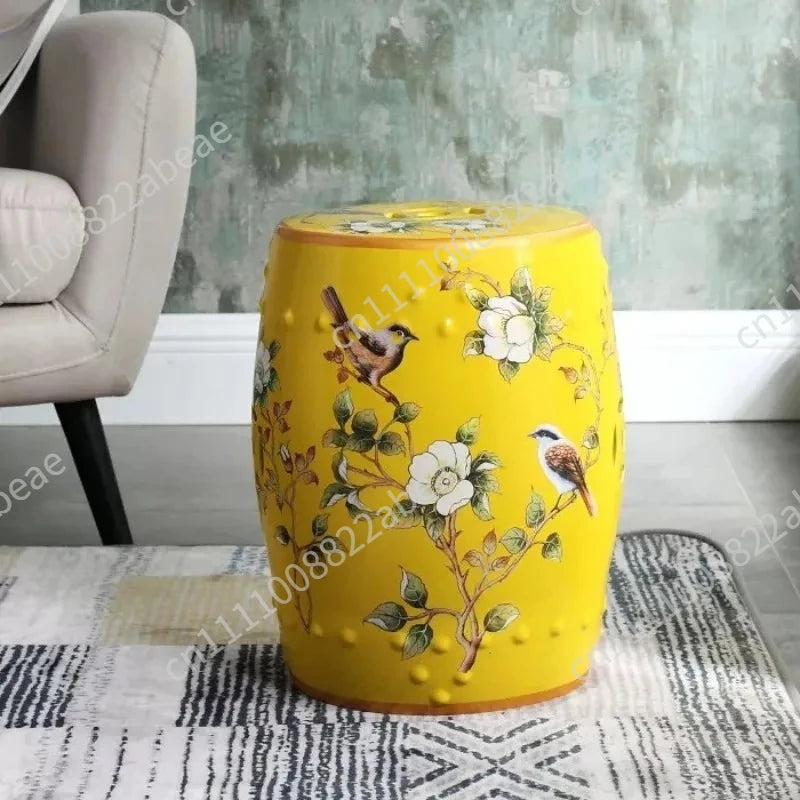 New Chinese Style Ceramic Drum Stool, Floral Bird Design Ottoman for Entryway&Living Room, Decorative Shoe Bench and Home Decor