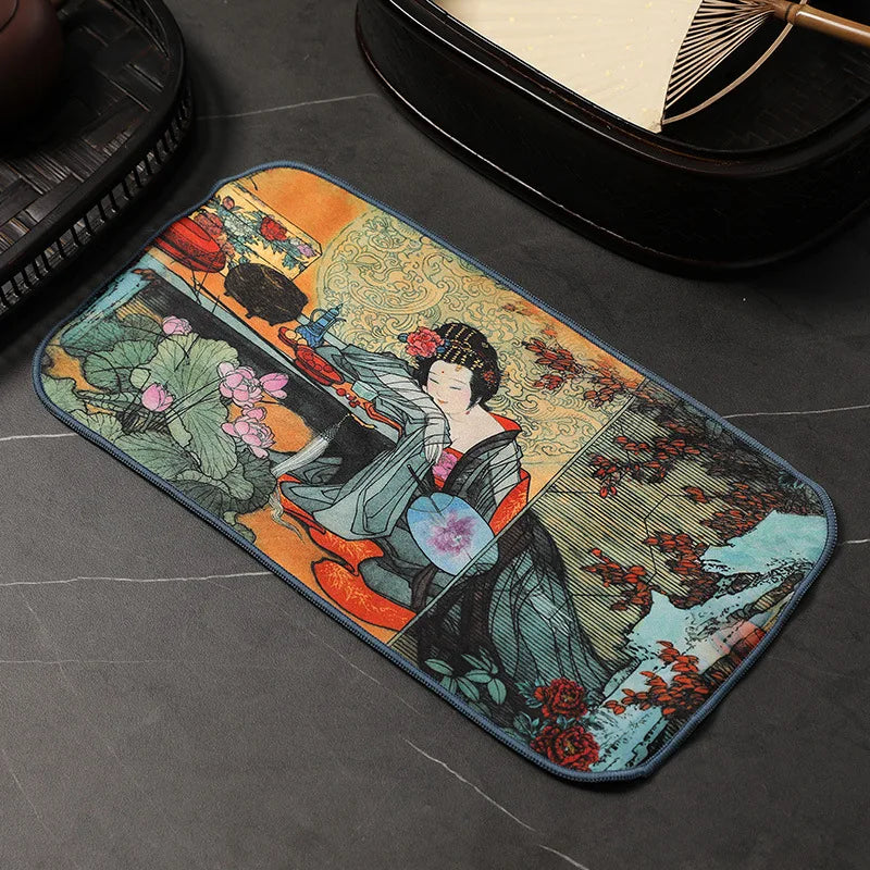 Chinese Ancient Painted Tea Towel, Thickened Suede Gongfu Tea Cloth, Super Absorbent Tea Mat for Tea Ceremony