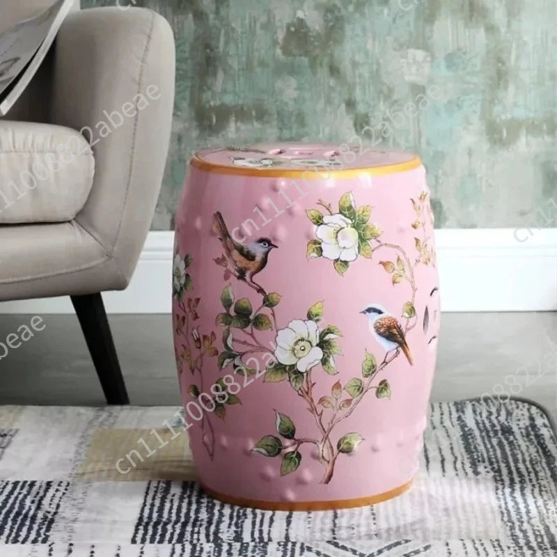 New Chinese Style Ceramic Drum Stool, Floral Bird Design Ottoman for Entryway&Living Room, Decorative Shoe Bench and Home Decor