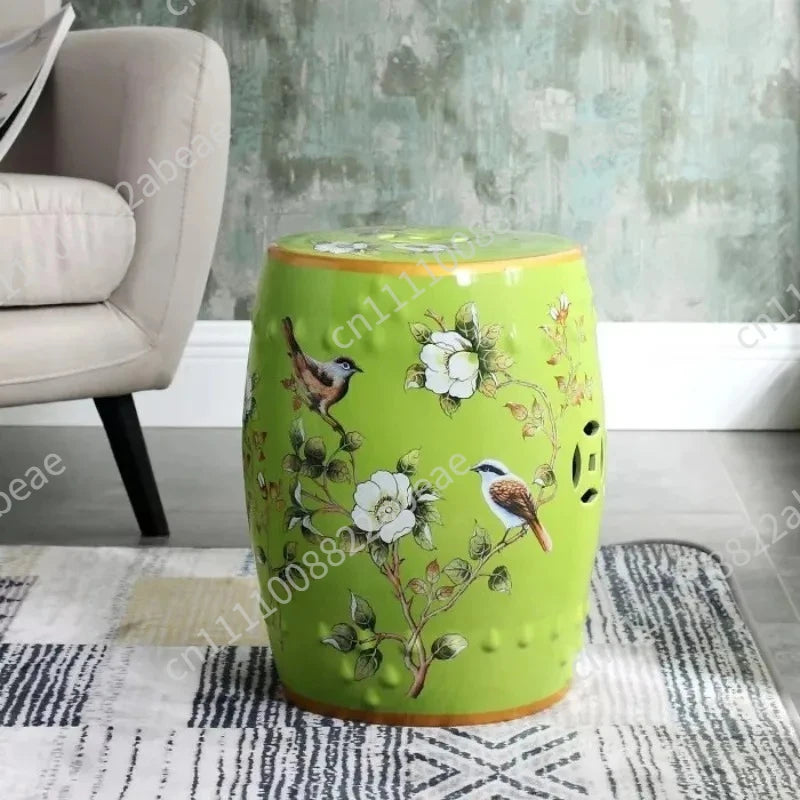 New Chinese Style Ceramic Drum Stool, Floral Bird Design Ottoman for Entryway&Living Room, Decorative Shoe Bench and Home Decor