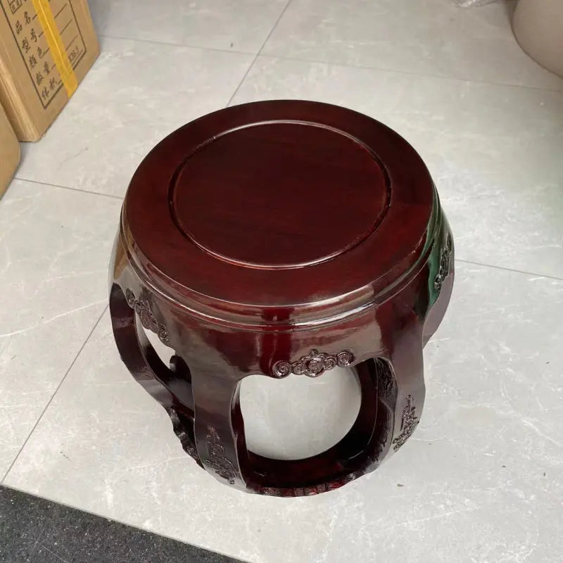 Antique Rosewood Drum Stool, Chinese Traditional Round Seat for Living Room & Guzheng, Solid Wood Low Stool for Balcony