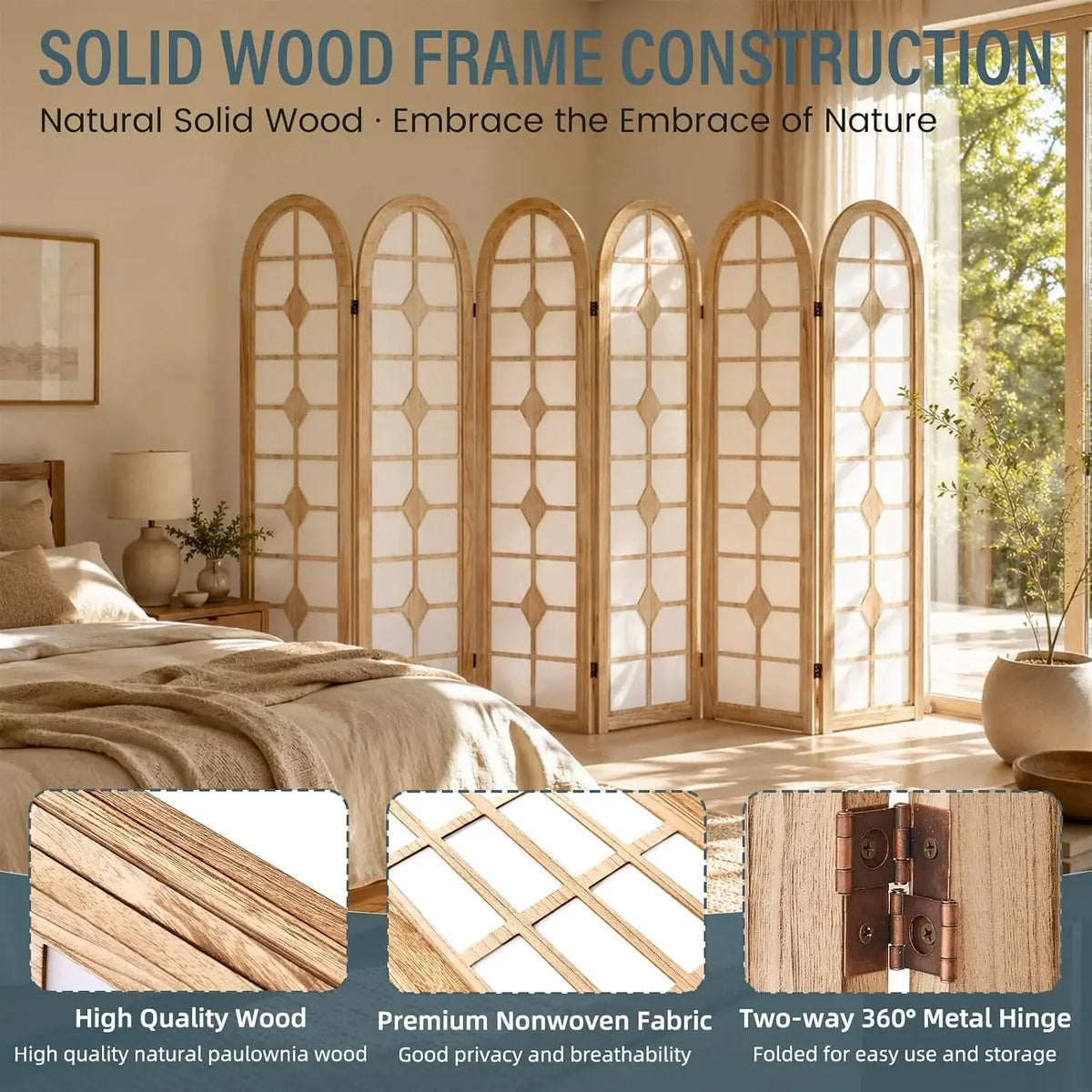 6 Panel Shoji Room Divider, Wood Folding Privacy Screen, Natural | Wood Room Divider Indoor, Portable Room Partition Divider for