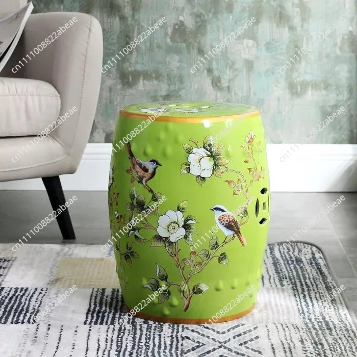 New Chinese Style Ceramic Drum Stool, Floral Bird Design Ottoman for Entryway&Living Room, Decorative Shoe Bench and Home Decor