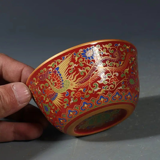 Coral-Red Ground Gilt Phoenix & Lotus Porcelain Tea Bowl – Chinese Imperial Antique-Style Cup