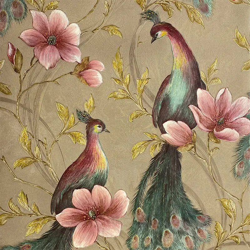 Southeast Asian Floral & Peacock Feather Wall Mural – Exotic Tropical Wallpaper