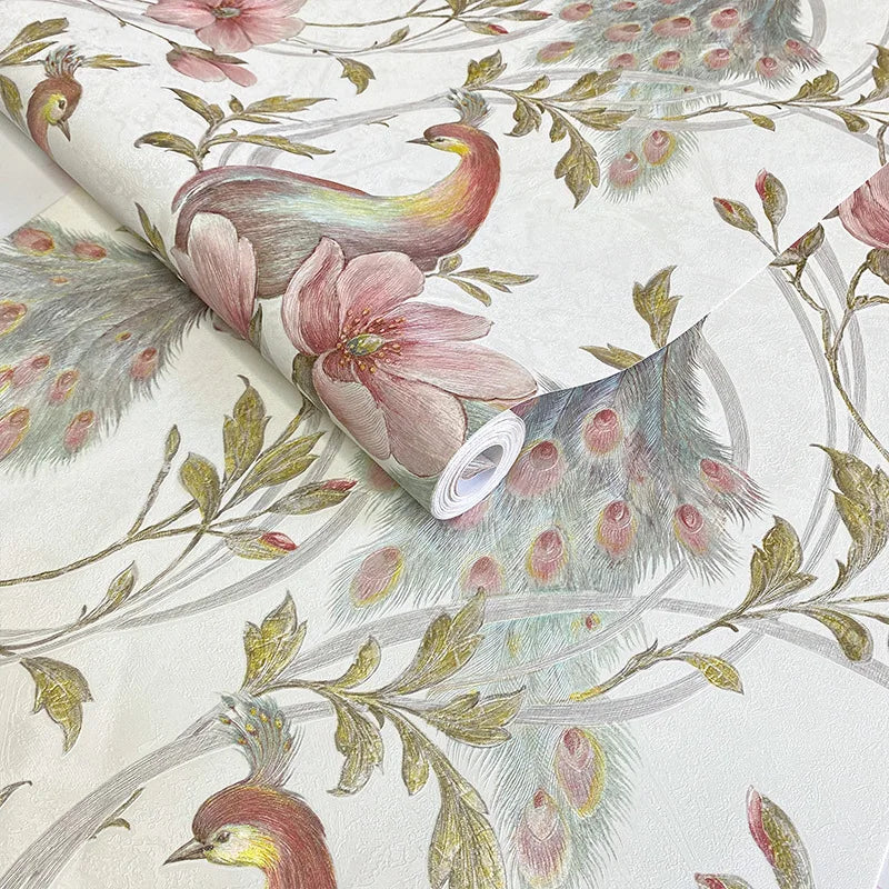 Southeast Asian Floral & Peacock Feather Wall Mural – Exotic Tropical Wallpaper