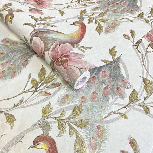 Southeast Asian Floral & Peacock Feather Wall Mural – Exotic Tropical Wallpaper