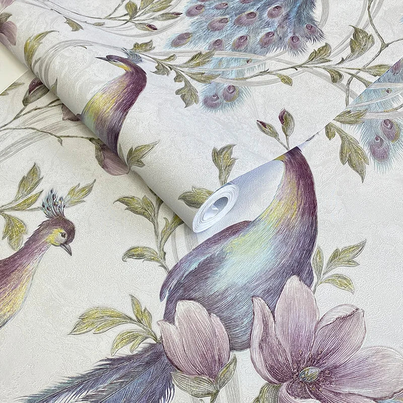Southeast Asian Floral & Peacock Feather Wall Mural – Exotic Tropical Wallpaper