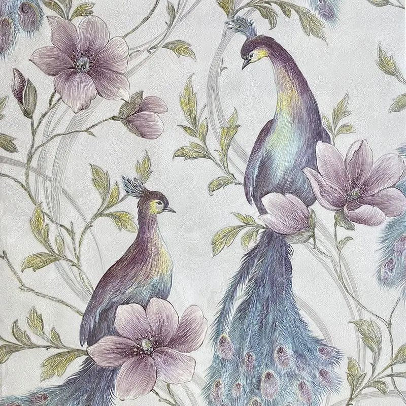Southeast Asian Floral & Peacock Feather Wall Mural – Exotic Tropical Wallpaper