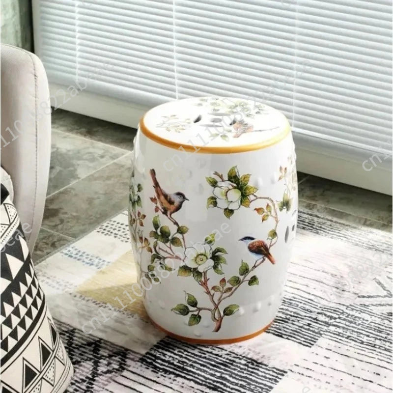 New Chinese Style Ceramic Drum Stool, Floral Bird Design Ottoman for Entryway&Living Room, Decorative Shoe Bench and Home Decor