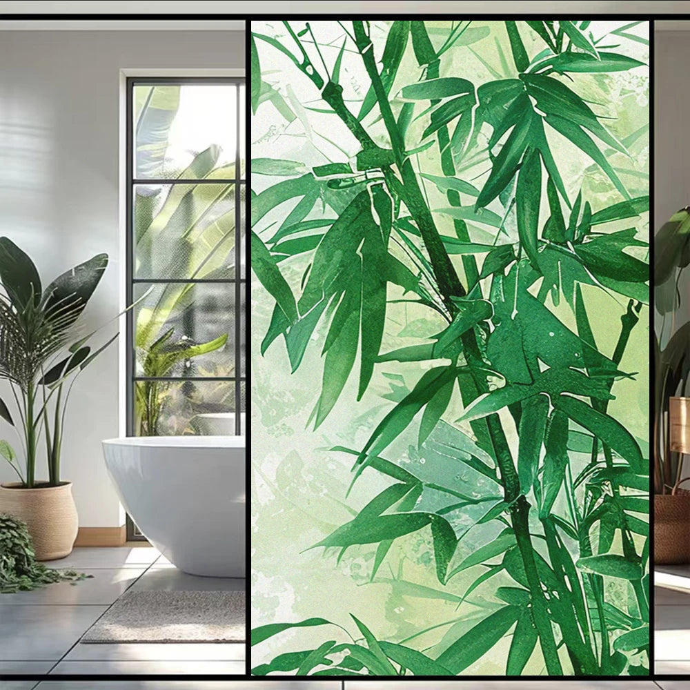 Not Transparent Window Privacy Film UV Blocking Heat Control Window Covering Static Cling Bamboo Leaves Decorative Glass Sticker