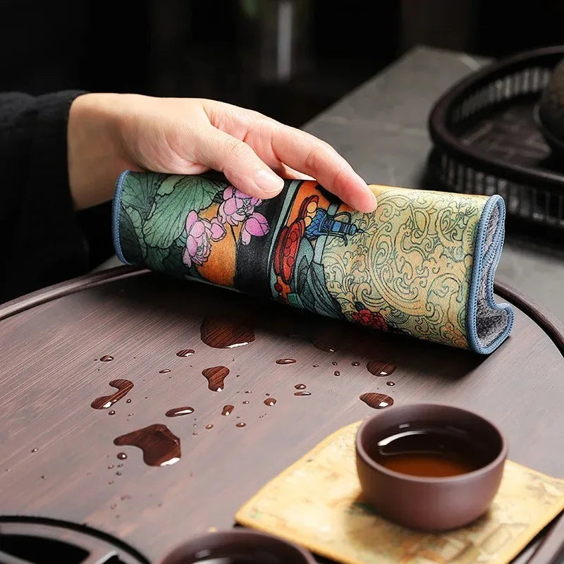 Chinese Ancient Painted Tea Towel, Thickened Suede Gongfu Tea Cloth, Super Absorbent Tea Mat for Tea Ceremony