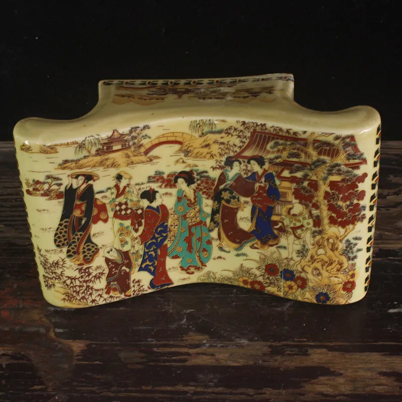 Jingdezhen Antique Porcelain Ingot Pillow - Maid Figure Pattern Ceramic Ornament, Chinese Style Home Decor Display