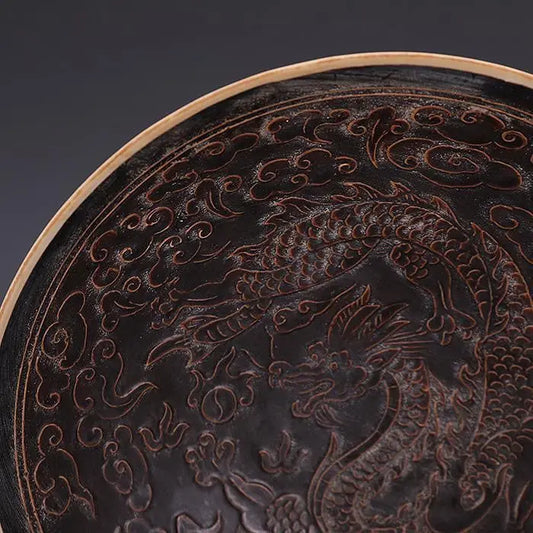 Vintage Chinese Song Black Glaze Carved Dragon & Auspicious Cloud Porcelain Plate Desktop Decor Antique Collectible Ceramic Tray