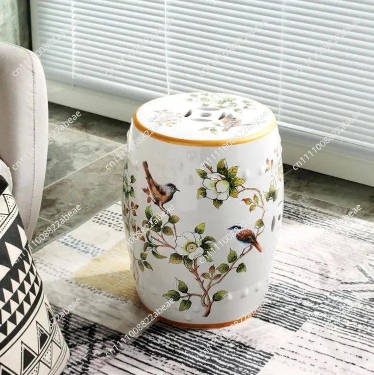New Chinese Style Ceramic Drum Stool, Floral Bird Design Ottoman for Entryway&Living Room, Decorative Shoe Bench and Home Decor