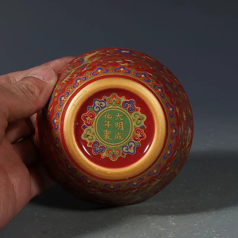 Coral Red Ground Gilt Phoenix Interlocking Lotus Porcelain Tea Bowl Chinese Antique Collectible Decor