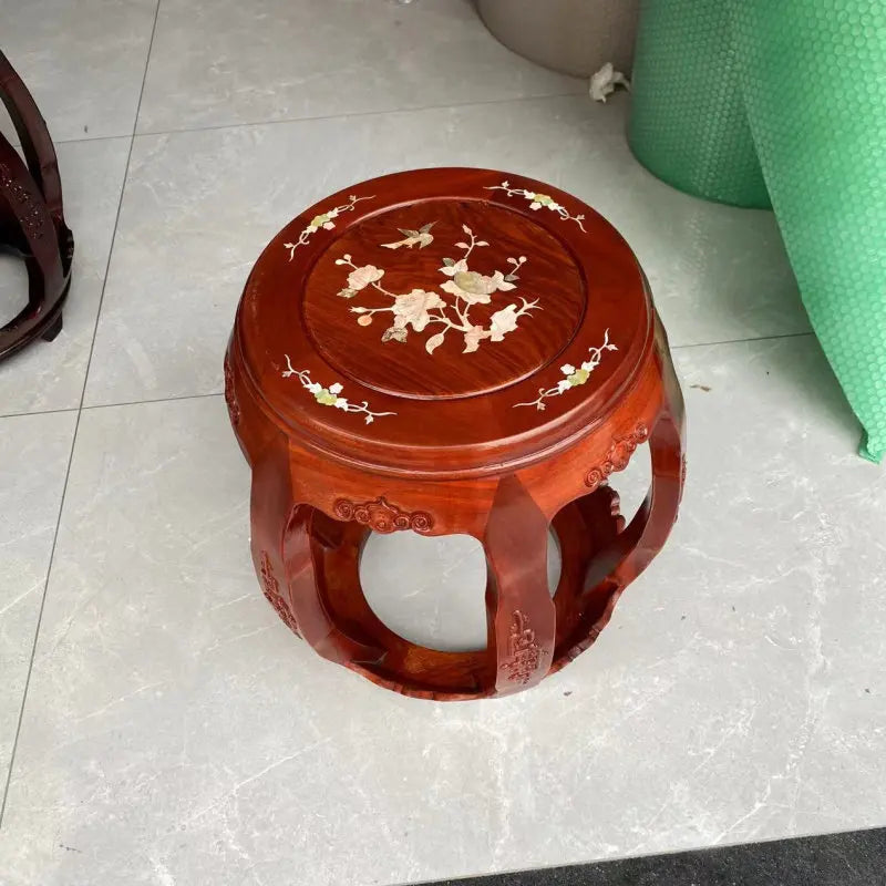 Antique Rosewood Drum Stool, Chinese Traditional Round Seat for Living Room & Guzheng, Solid Wood Low Stool for Balcony