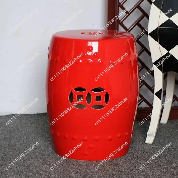 New Chinese Style Ceramic Drum Stool, Floral Bird Design Ottoman for Entryway&Living Room, Decorative Shoe Bench and Home Decor