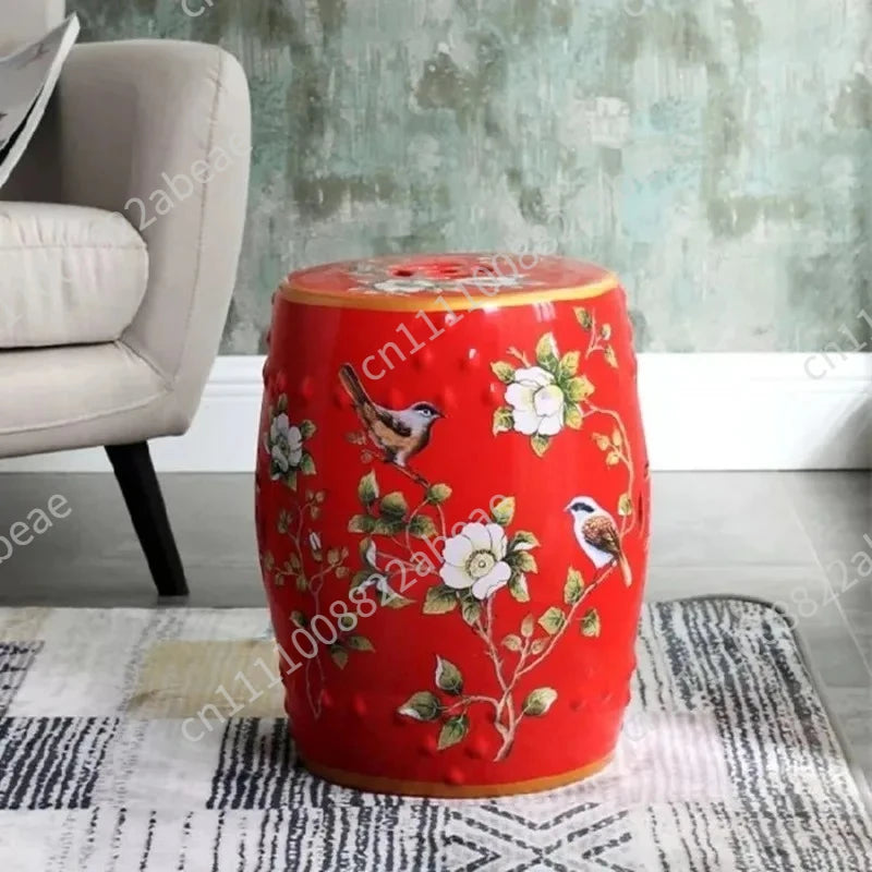 New Chinese Style Ceramic Drum Stool, Floral Bird Design Ottoman for Entryway&Living Room, Decorative Shoe Bench and Home Decor