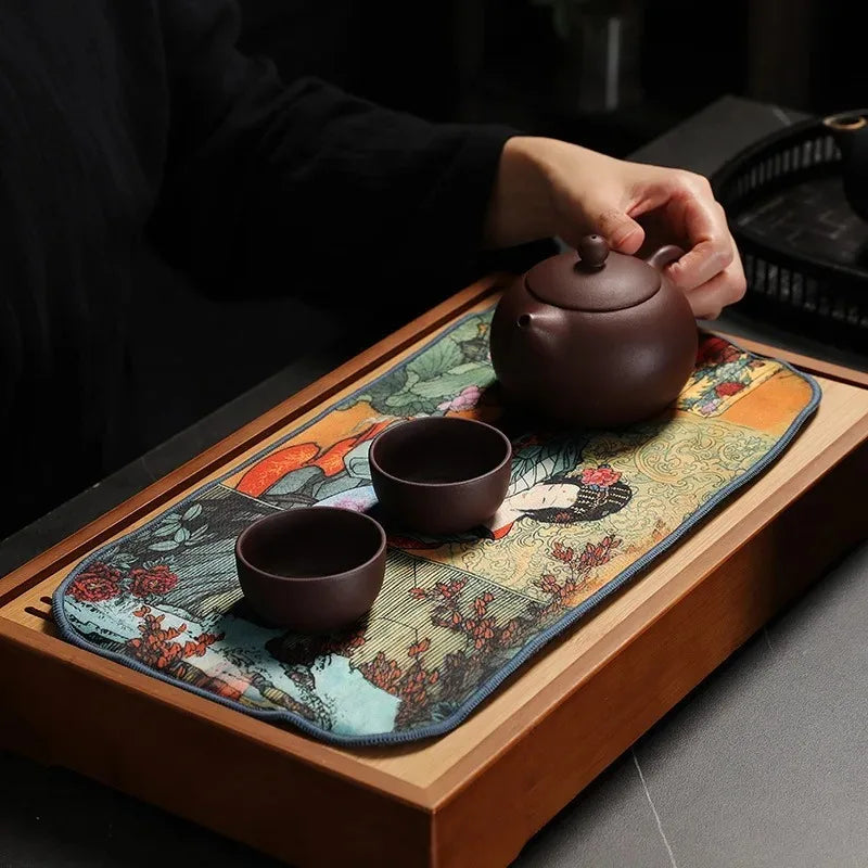 Chinese Ancient Painted Tea Towel, Thickened Suede Gongfu Tea Cloth, Super Absorbent Tea Mat for Tea Ceremony