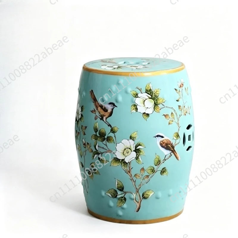 New Chinese Style Ceramic Drum Stool, Floral Bird Design Ottoman for Entryway&Living Room, Decorative Shoe Bench and Home Decor