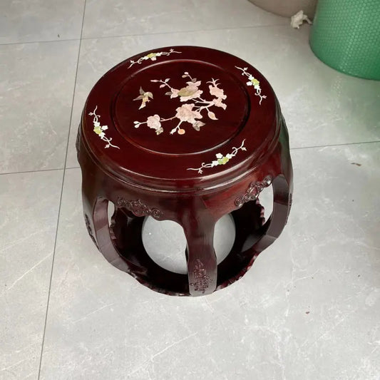 Antique Rosewood Drum Stool, Chinese Traditional Round Seat for Living Room & Guzheng, Solid Wood Low Stool for Balcony