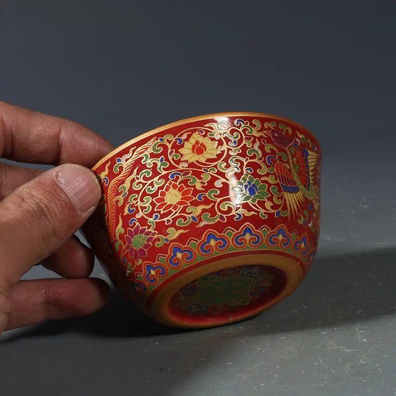 Coral Red Ground Gilt Phoenix Interlocking Lotus Porcelain Tea Bowl Chinese Antique Collectible Decor
