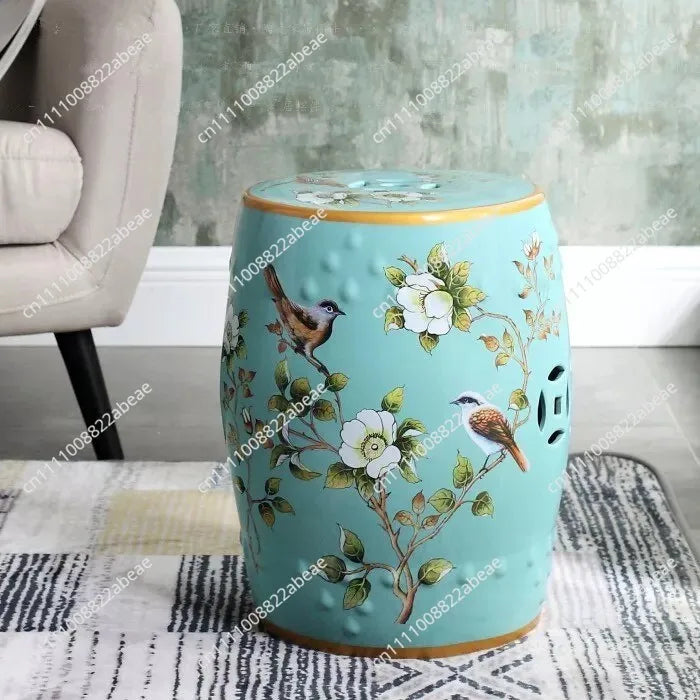 New Chinese Style Ceramic Drum Stool, Floral Bird Design Ottoman for Entryway&Living Room, Decorative Shoe Bench and Home Decor