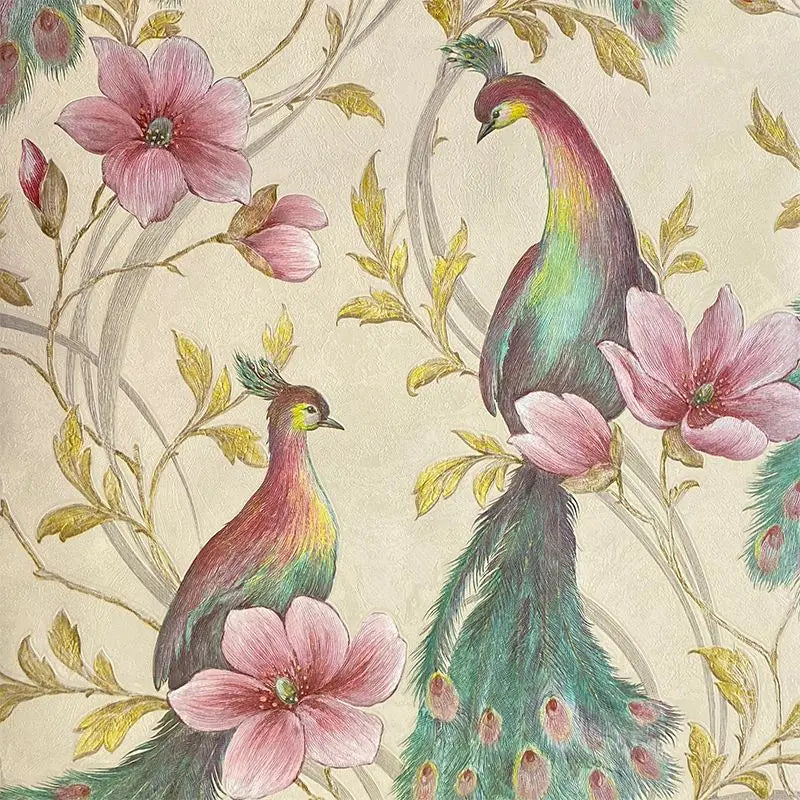 Southeast Asian Floral & Peacock Feather Wall Mural – Exotic Tropical Wallpaper