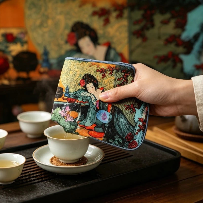 Chinese Ancient Painted Tea Towel, Thickened Suede Gongfu Tea Cloth, Super Absorbent Tea Mat for Tea Ceremony
