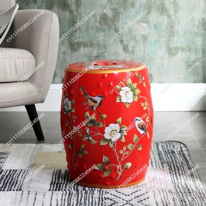 New Chinese Style Ceramic Drum Stool, Floral Bird Design Ottoman for Entryway&Living Room, Decorative Shoe Bench and Home Decor
