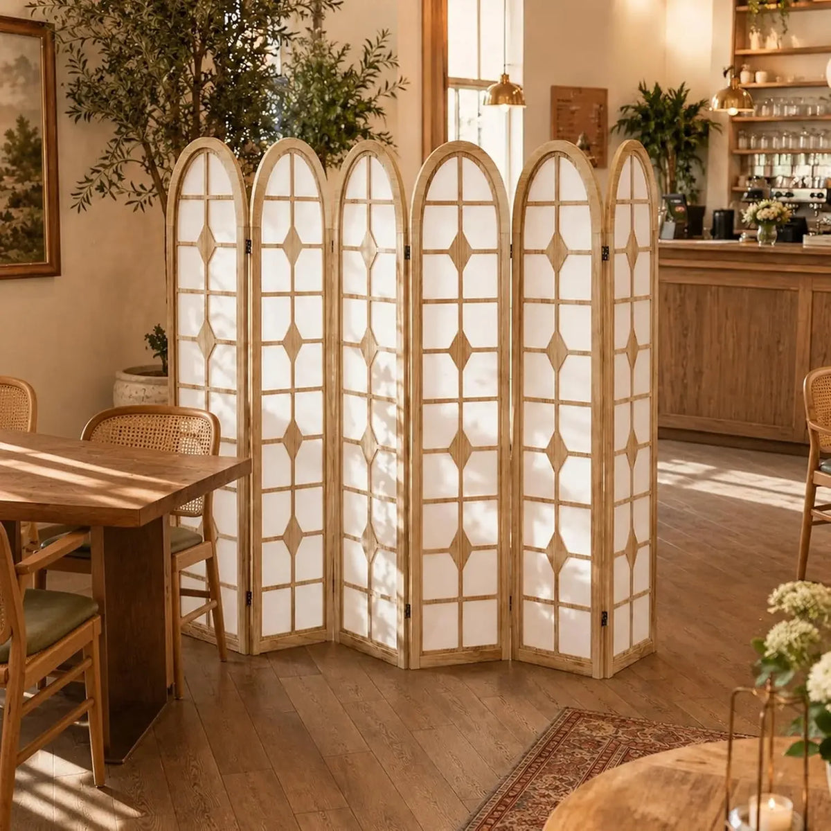 6 Panel Shoji Room Divider, Wood Folding Privacy Screen, Natural | Wood Room Divider Indoor, Portable Room Partition Divider for