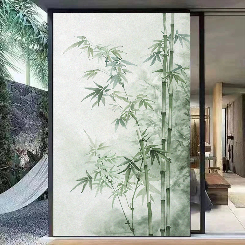 Not Transparent Window Privacy Film UV Blocking Heat Control Window Covering Static Cling Bamboo Leaves Decorative Glass Sticker