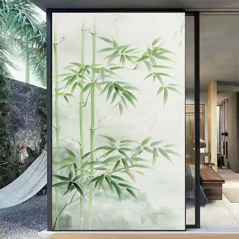 Not Transparent Window Privacy Film UV Blocking Heat Control Window Covering Static Cling Bamboo Leaves Decorative Glass Sticker