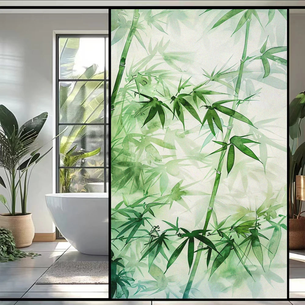 Not Transparent Window Privacy Film UV Blocking Heat Control Window Covering Static Cling Bamboo Leaves Decorative Glass Sticker