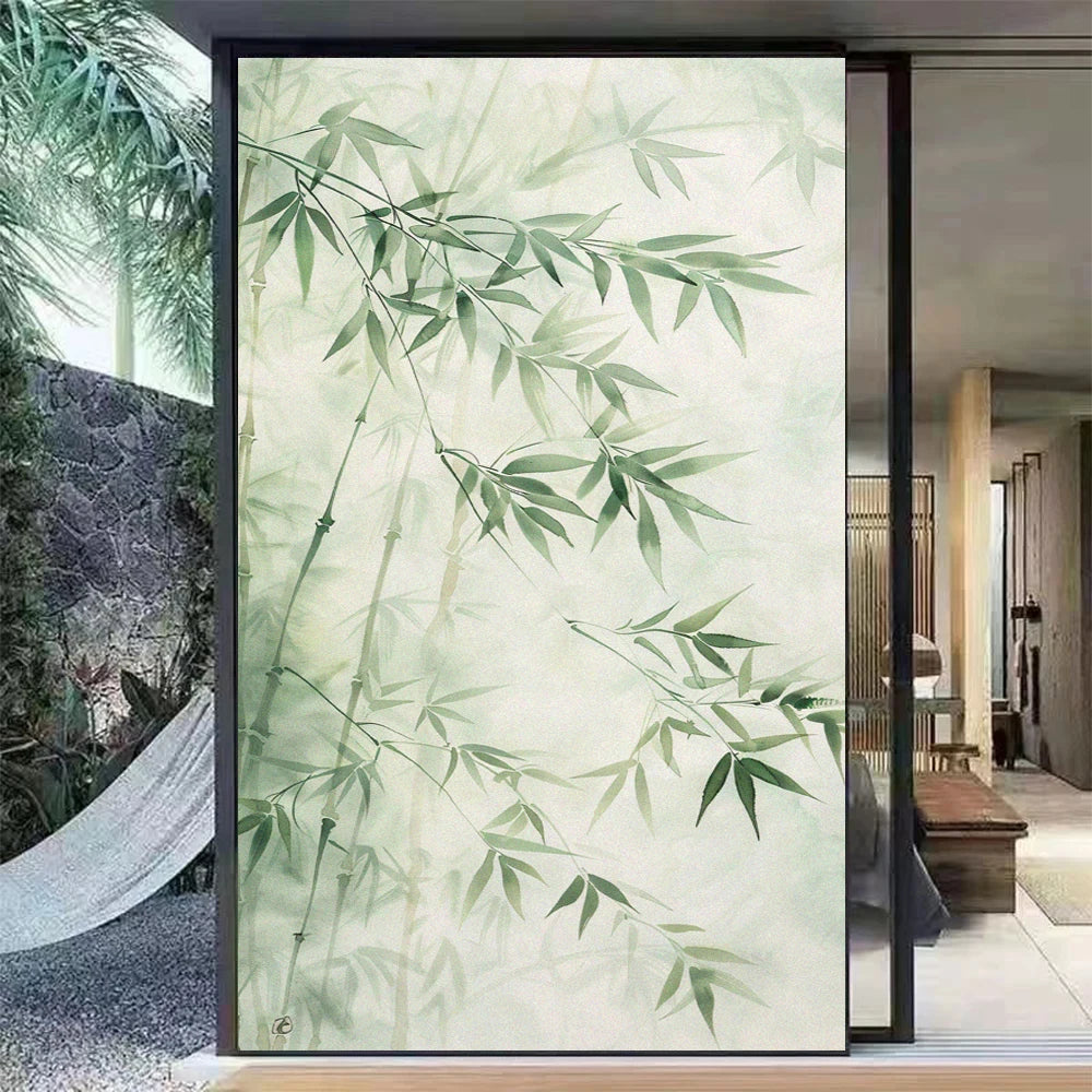 Not Transparent Window Privacy Film UV Blocking Heat Control Window Covering Static Cling Bamboo Leaves Decorative Glass Sticker