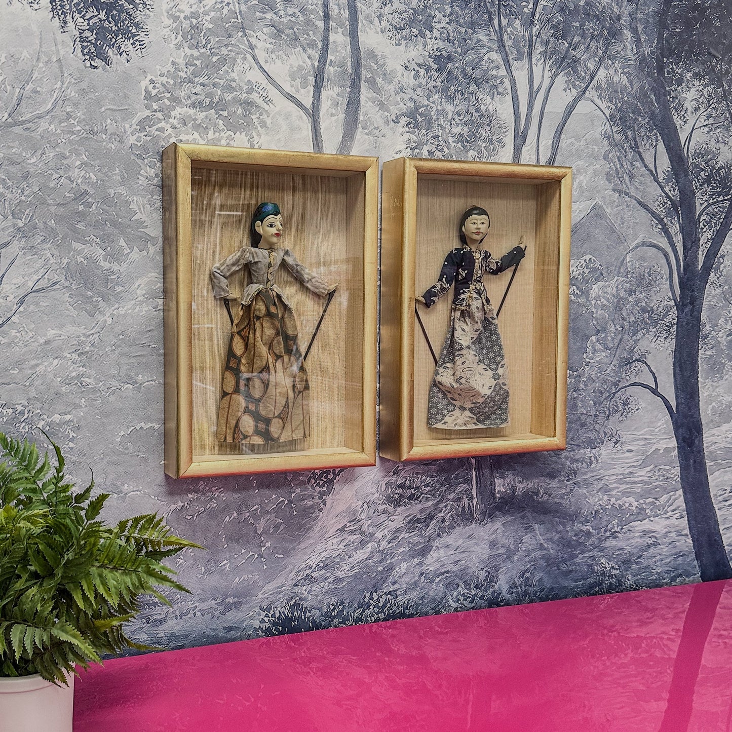 Vintage Framed Thai Stick Puppet Set