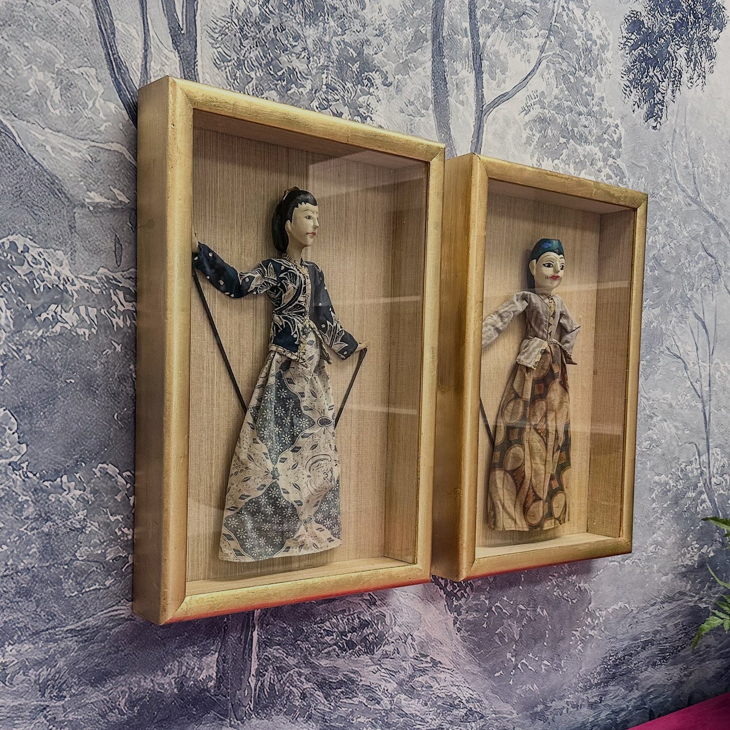 Vintage Framed Thai Stick Puppet Set