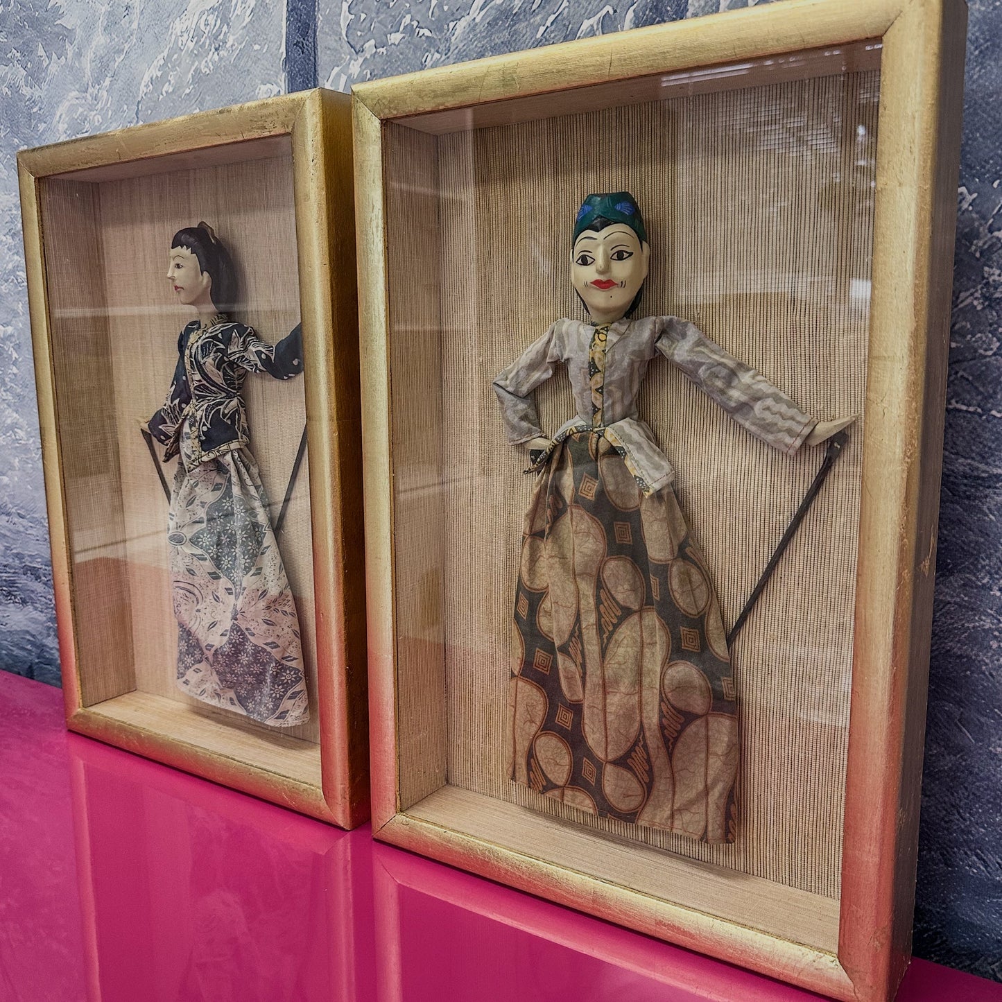 Vintage Framed Thai Stick Puppet Set
